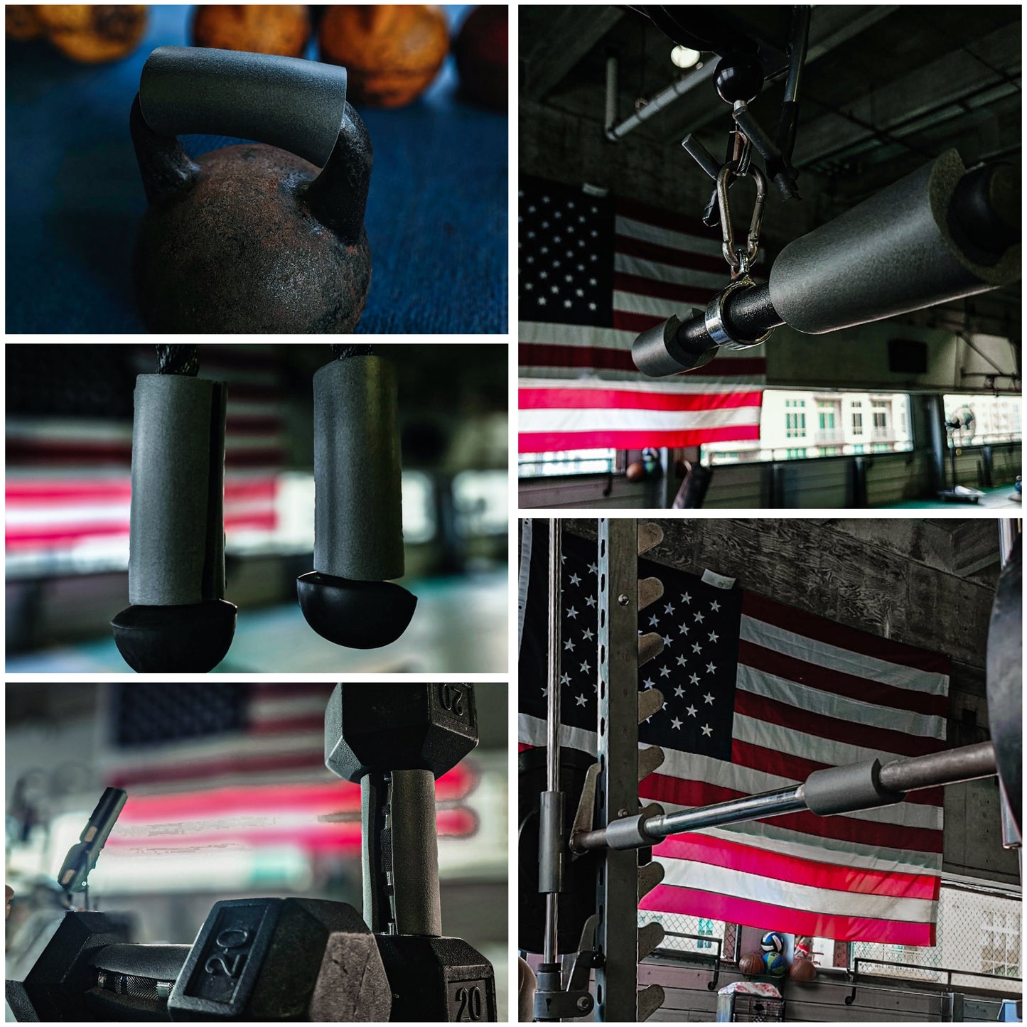 GRIPSLEEV grip trainers used on gym equipment with American flags in background – promoting strength, power, and performance.