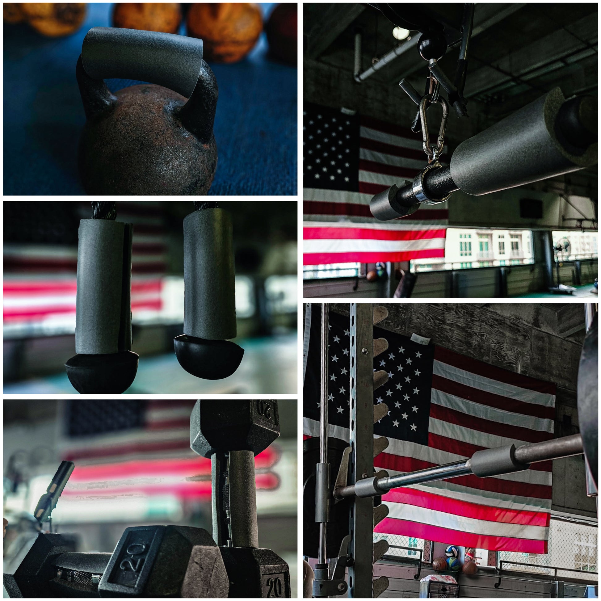 GRIPSLEEV grip trainers used on gym equipment with American flags in background – promoting strength, power, and performance.